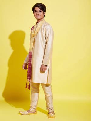  gold silk blend kurta, pyjama & dupatta set 2