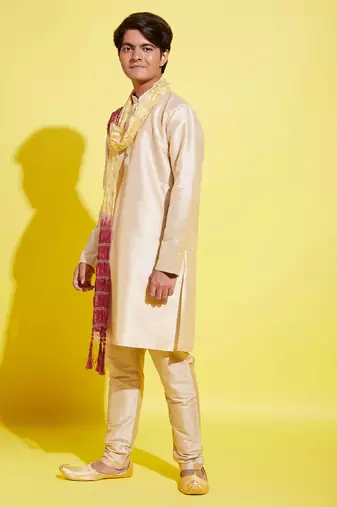  gold silk blend kurta, pyjama & dupatta set