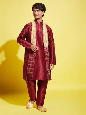  yuva boys' maroon silk blend kurta, pyjama & dupatta set 1