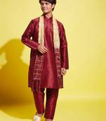  yuva boys' maroon silk blend kurta, pyjama & dupatta set
