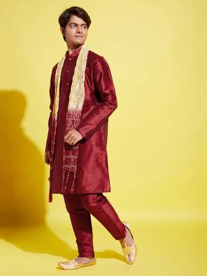  yuva boys' maroon silk blend kurta, pyjama & dupatta set 2