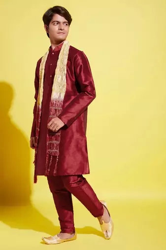  yuva boys' maroon silk blend kurta, pyjama & dupatta set