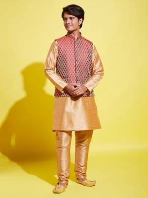  rose gold silk blend jacket, kurta and pyjama set 1