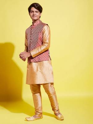  rose gold silk blend jacket, kurta and pyjama set 2