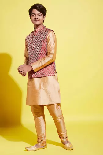  rose gold silk blend jacket, kurta and pyjama set