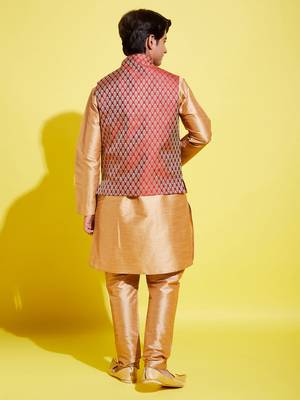  rose gold silk blend jacket, kurta and pyjama set 3