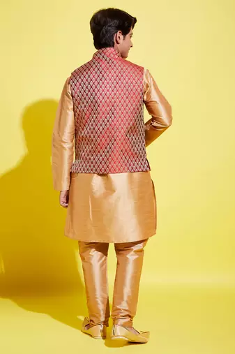  rose gold silk blend jacket, kurta and pyjama set
