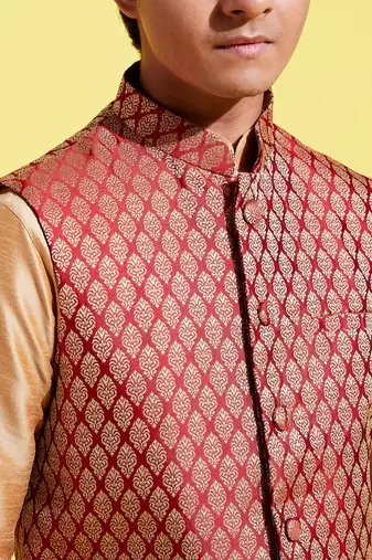  rose gold silk blend jacket, kurta and pyjama set