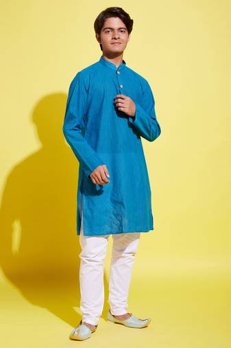 Vastramay yuva boys' azure and blue pure cotton kurta pyjama set