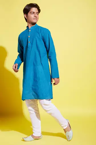 azure and blue pure cotton kurta pyjama set