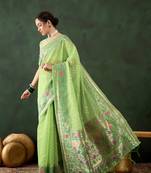 Women poly cotton Woven designer green color saree