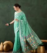 Women poly cotton Woven designer sea green color saree
