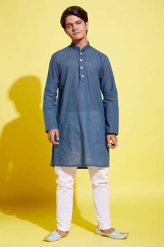  yuva boys' midnight blue and white pure cotton kurta pyjama set