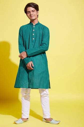 yuva boys' teal green and white pure cotton kurta pyjama set
