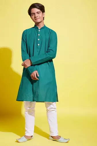  yuva boys' teal green and white pure cotton kurta pyjama set