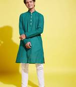  teal green and white pure cotton kurta pyjama set