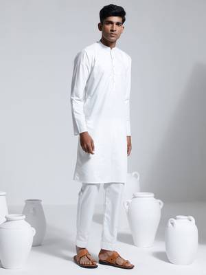 Vastramay men's white cotton silk kurta and pyjama set 1
