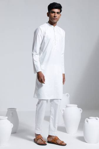Vastramay men's white cotton silk kurta and pyjama set