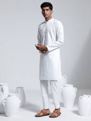 Vastramay men's white cotton silk kurta and pyjama set 2