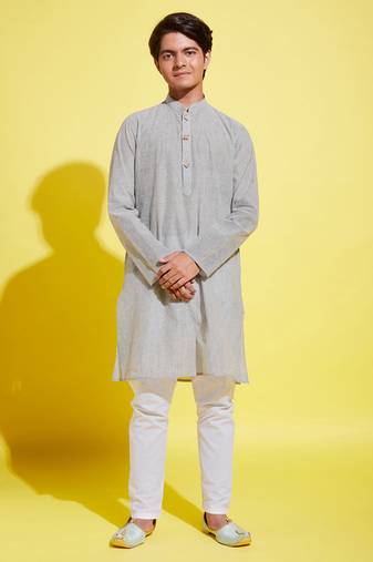  yuva boys' ash grey and white pure cotton kurta pyjama set