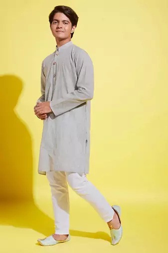  ash grey and white pure cotton kurta pyjama set