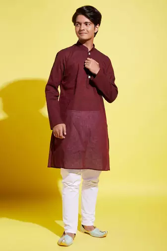 Vastramay yuva boys' garnet maroon and white pure cotton kurta pyjama set