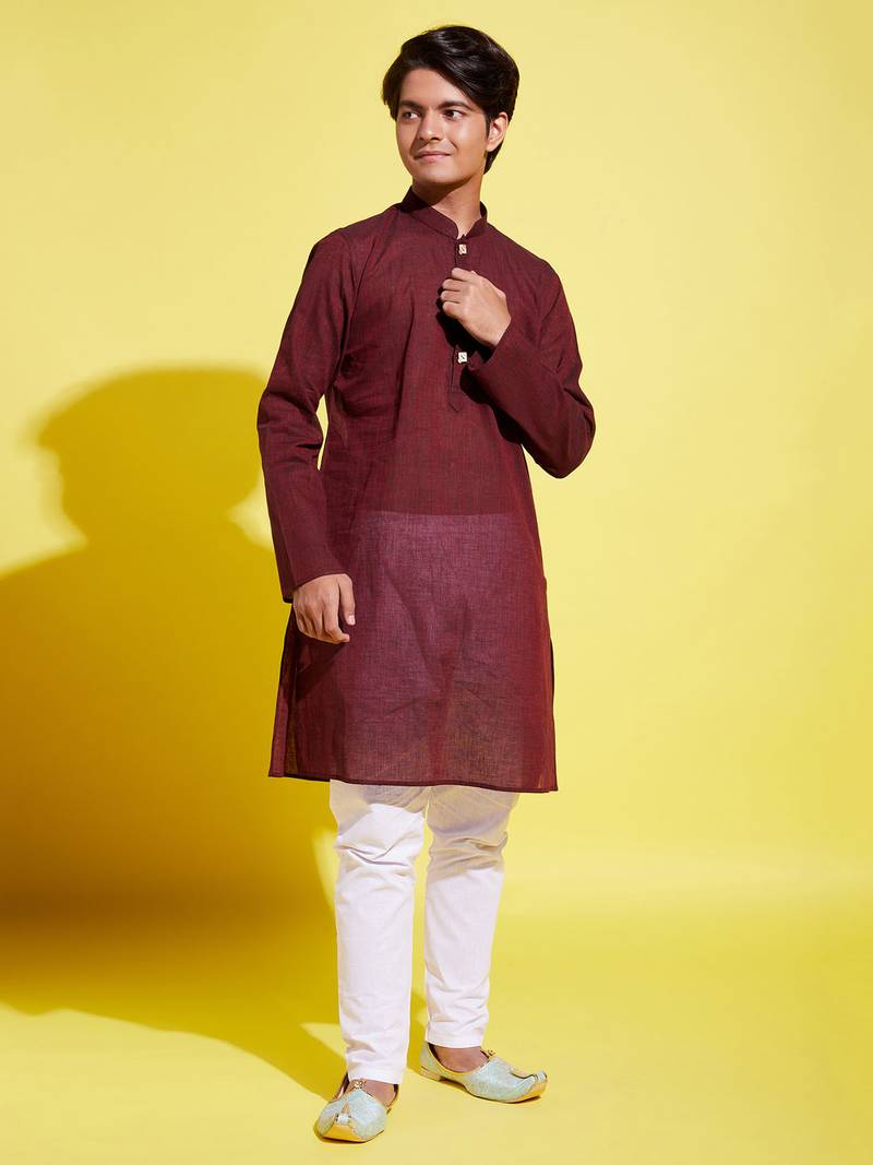 Vastramay yuva boys' garnet maroon and white pure cotton kurta pyjama set