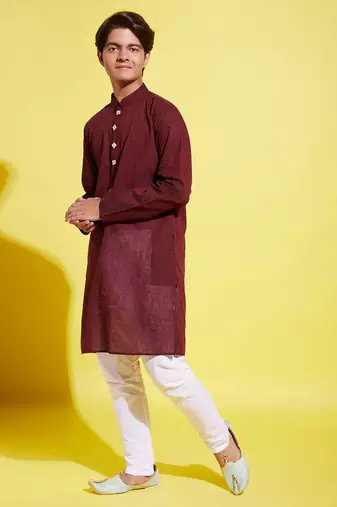 garnet maroon and white pure cotton kurta pyjama set