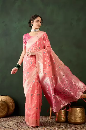 Women poly cotton Woven designer peach color saree