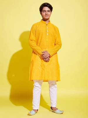 yellow and white pure cotton kurta pyjama set 1