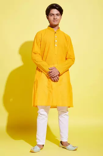Vastramay yuva boys' yellow and white pure cotton kurta pyjama set