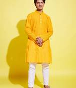 yellow and white pure cotton kurta pyjama set
