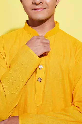 yellow and white pure cotton kurta pyjama set