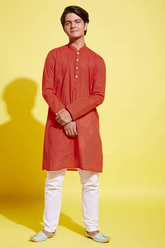  yuva boys' red and white pure cotton kurta pyjama set