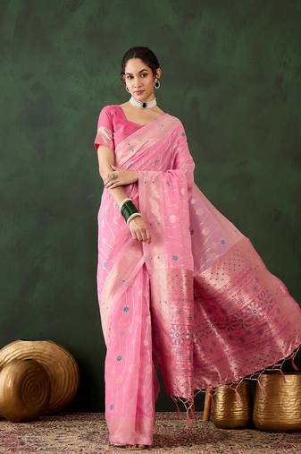 Women poly cotton Woven designer pink color saree