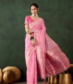 Women poly cotton Woven designer pink color saree