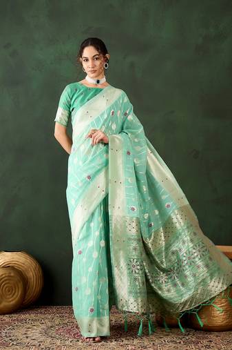 Women poly cotton Woven designer sea green color saree