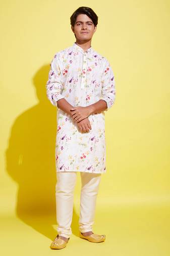  yuva boys' multicolor-base-cream cotton blend kurta pyjama set