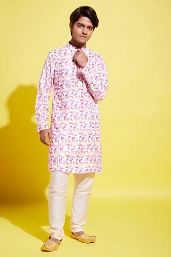  yuva boys' multicolor-base-white cotton blend kurta pyjama set