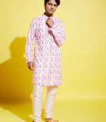  multicolor-base-white cotton blend kurta pyjama set