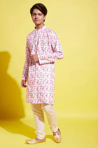  multicolor-base-white cotton blend kurta pyjama set