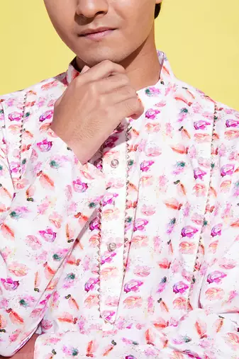  multicolor-base-white cotton blend kurta pyjama set
