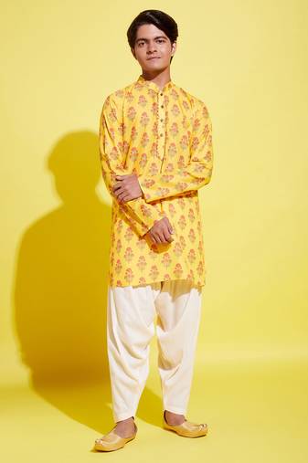  yuva boys' multicolor-base-mustard and cream kurta patiala set