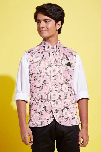 Vastramay yuva boys' multicolor-base-pink nehru jacket