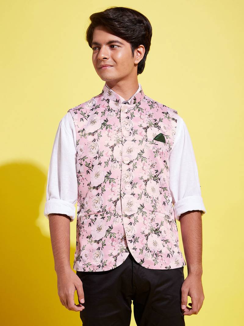 Vastramay yuva boys' multicolor-base-pink nehru jacket
