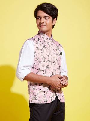Vastramay yuva boys' multicolor-base-pink nehru jacket 2