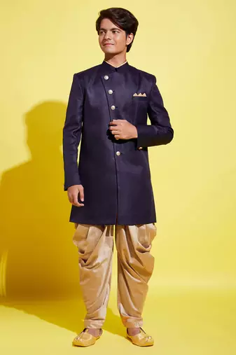 Vastramay yuva boys' navy blue and rose gold indowestern set