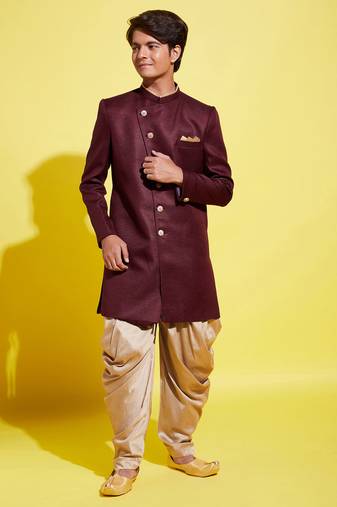 Vastramay yuva boys' maroon and rose gold indowestern set