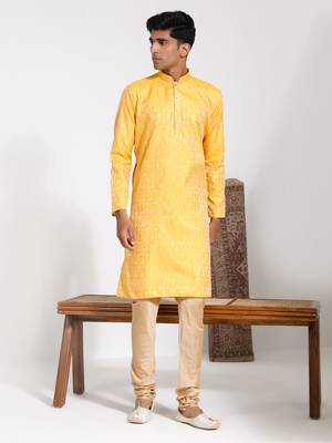  men's yellow silk blend kurta and pyjama set 1