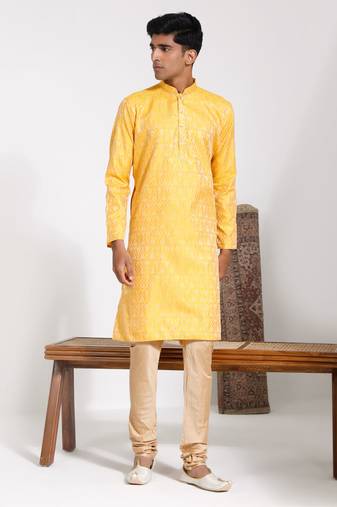  men's yellow silk blend kurta and pyjama set